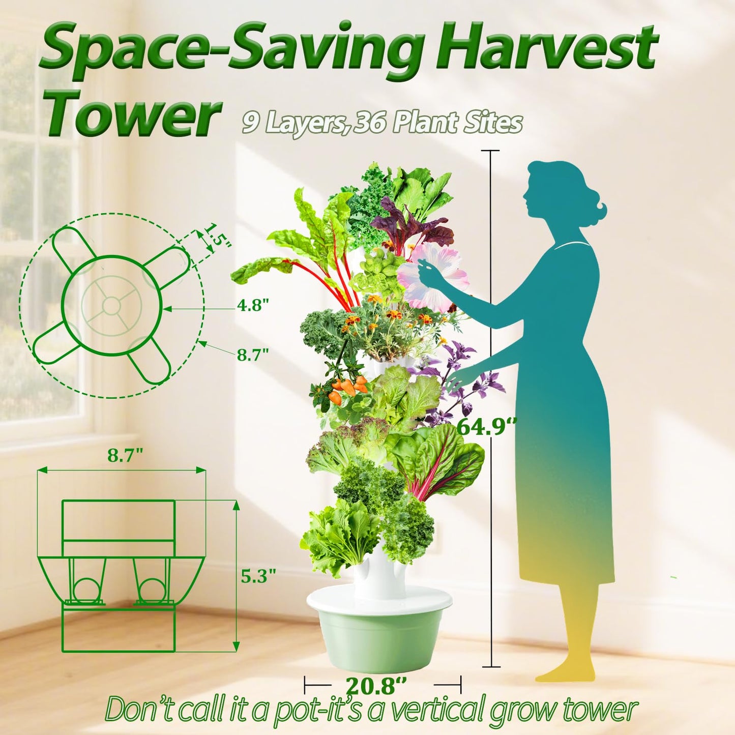 Lifello Tall Hydroponics Growing System Tower, 9 Layers 36 Plant Spots Hydroponics Growing System Kit Tower, Vertical Hydroponic Tower for Indoor & Outdoor, Space-Saving