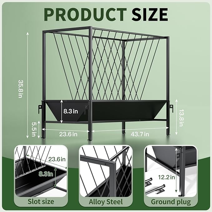 Heavy Duty Hay Feeder for Goats – 45 Gallon Feeder with 24 Gallon Grain Tray for Horses, Calves, and Livestock – Durable Goat Feeder for Farm Use