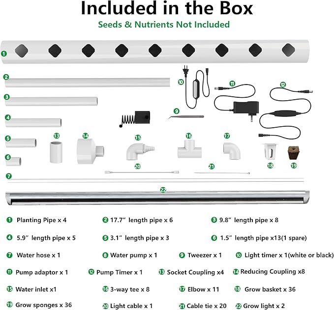NFT Hydroponic Growing System Kit - Full-Spectrum Grow Lights ＆ Timer | 36 Plant Sites | Food-Grade PVC-U Pipes | Auto Water Pump & Timer | Indoor Gardening for Leafy Greens, Lettuce & Herbs