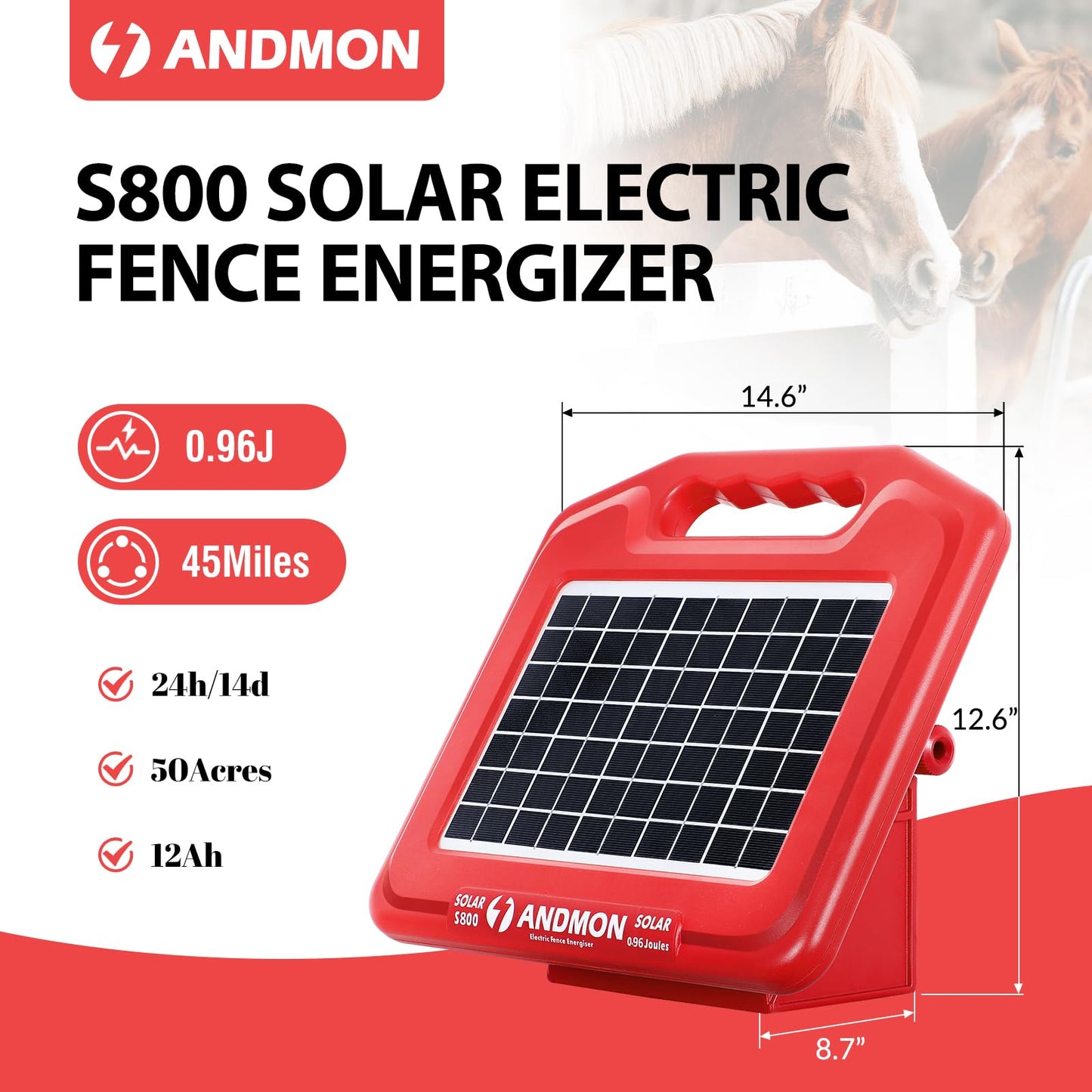 Andmon 50 Miles Solar Electric Fence Charger, 0.95 Joule High-Power Solar Fence Charger for Livestock, Horses, and Wildlife Control, Solar Electric Fence with Easy Installation