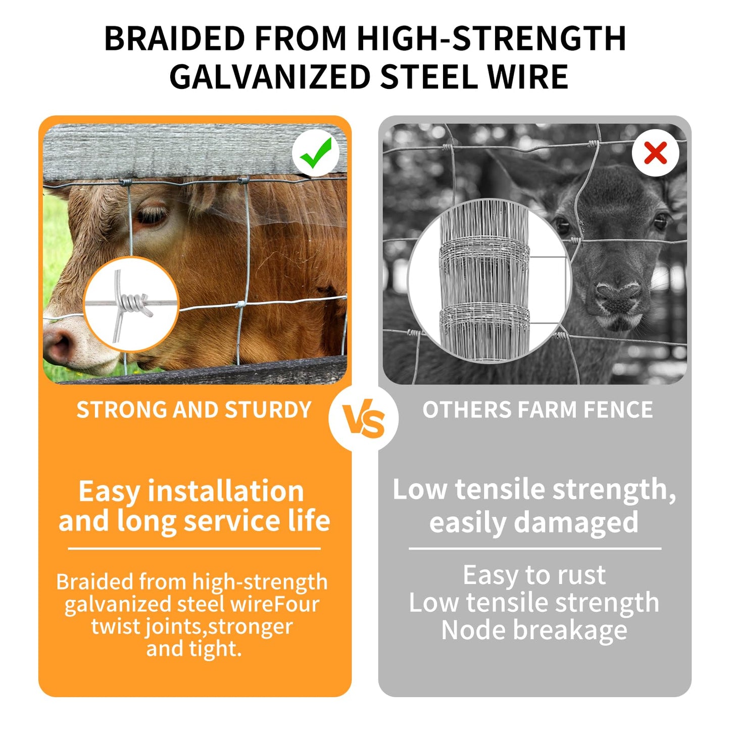 10 Gauge 4' * 165' Cattle Fence Panels, Farm Fence Galvanized Cattle Wire Mesh Fencing,Used to Hog Goat Fencing for Yard Garden and Field