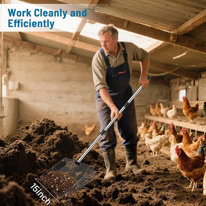 15-inch Large Chicken Poop Scooper with Gloves & Ergonomic Grip, 5 in 1 Adjustable Chicken Coop Pooper Shovel (37 to 78"), Sifting Litter Shovel Scoop for Chicken Coop/Stable Cleaning/Poultry Farm