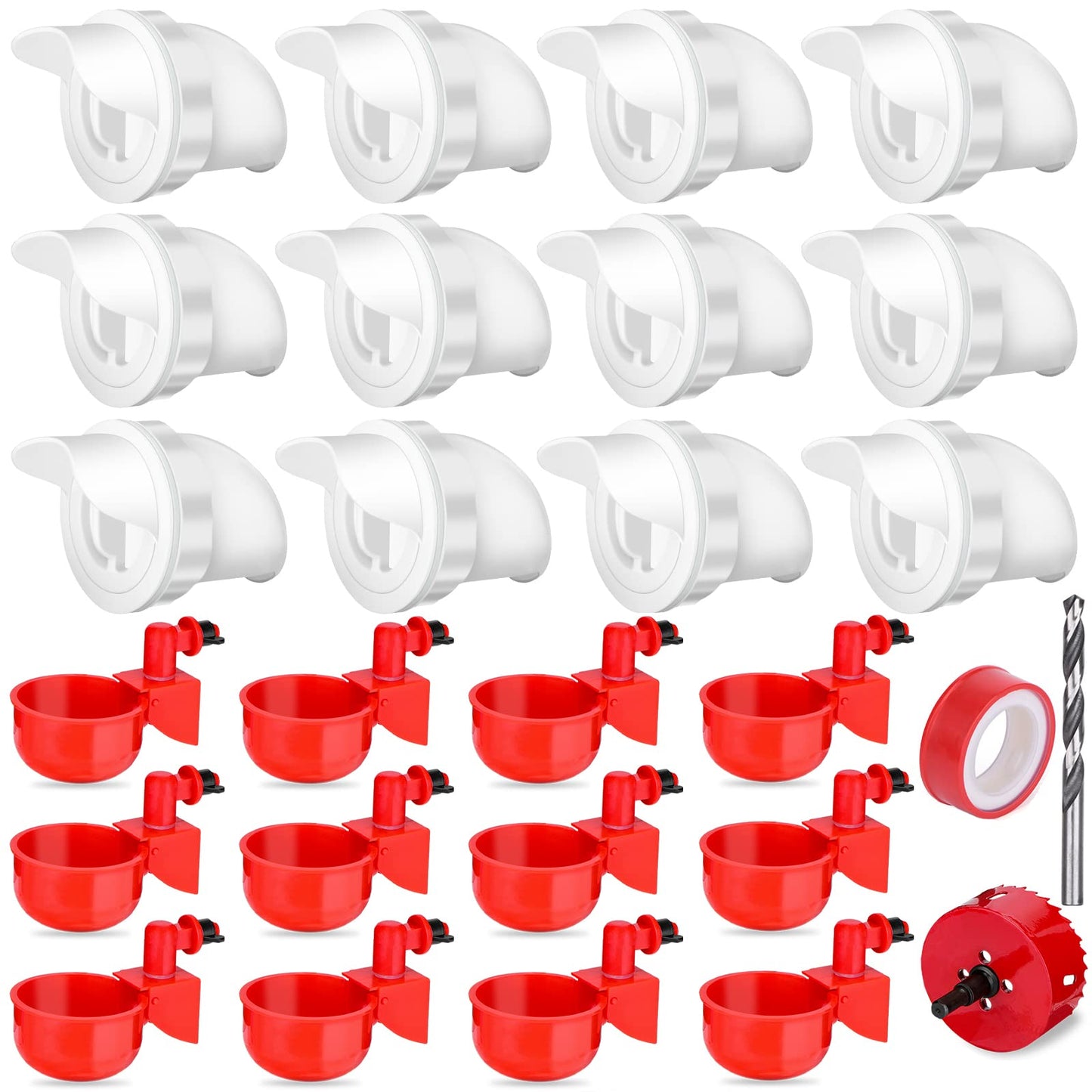 12 Pcs DIY Chicken Feeder Kit and 12 Pcs Chicken Water Cup Kit, Gravity Chicken Waterer Cup and Automatic Chicken Feeder Port Kit with Hole Saw, Poultry Feeder No Waste for Chicken Duck Bird Quail