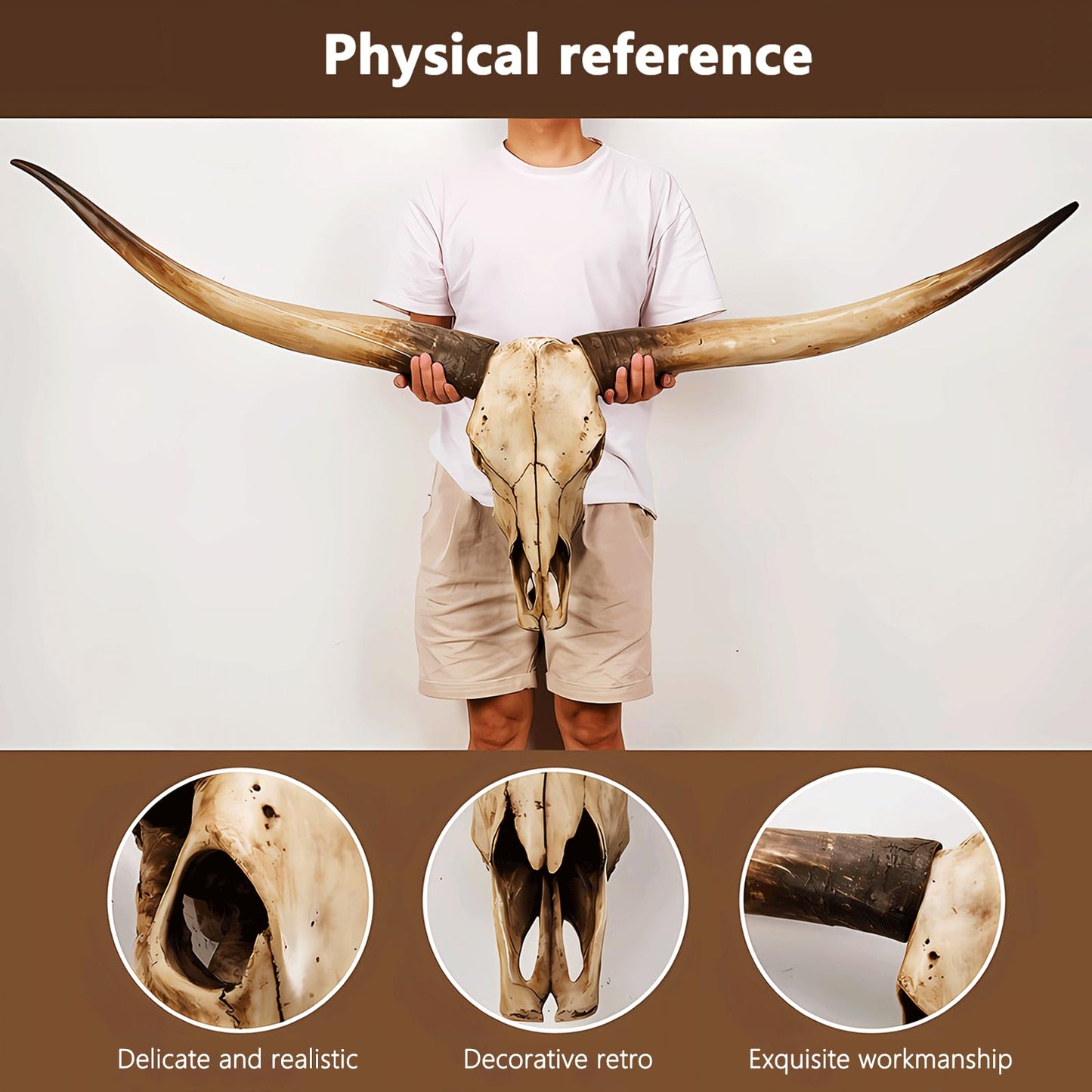 Cow Skull Wall Decor,Long Horn Cow Skull Wall,Resin Skull Sculpture Wall Hanging Art,Faux Taxidermy Head Wall Decor,Bull Skull Wall Decor for Rustic Farmhouse Style,Home Office-71Inch (jumbo Brown )