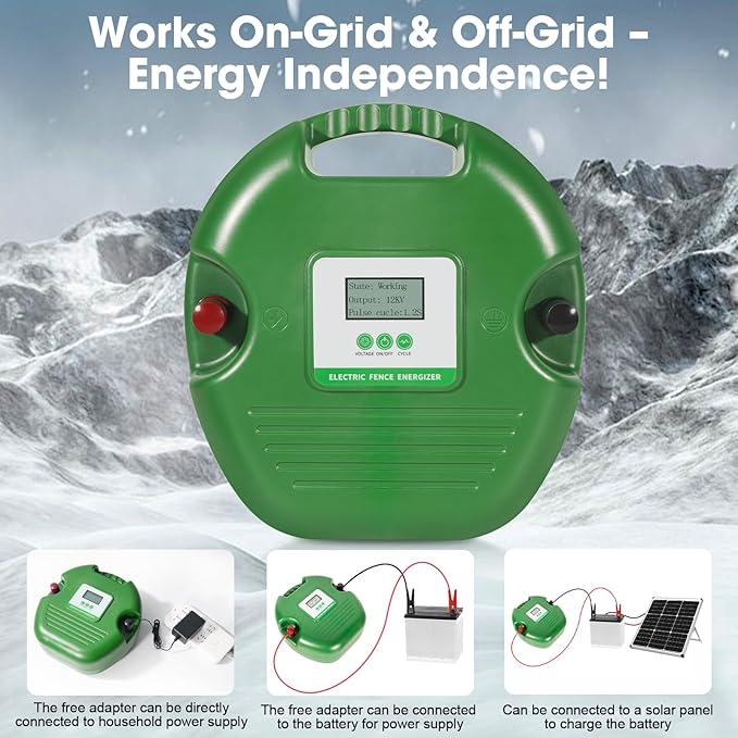 Electric Fence Charger for Livestock – 15-Joule Electric Fence Energizer， Adjustable 8/10/12kV Output, Weatherproof Fence Charger, Covers 25 Miles/600 Acres