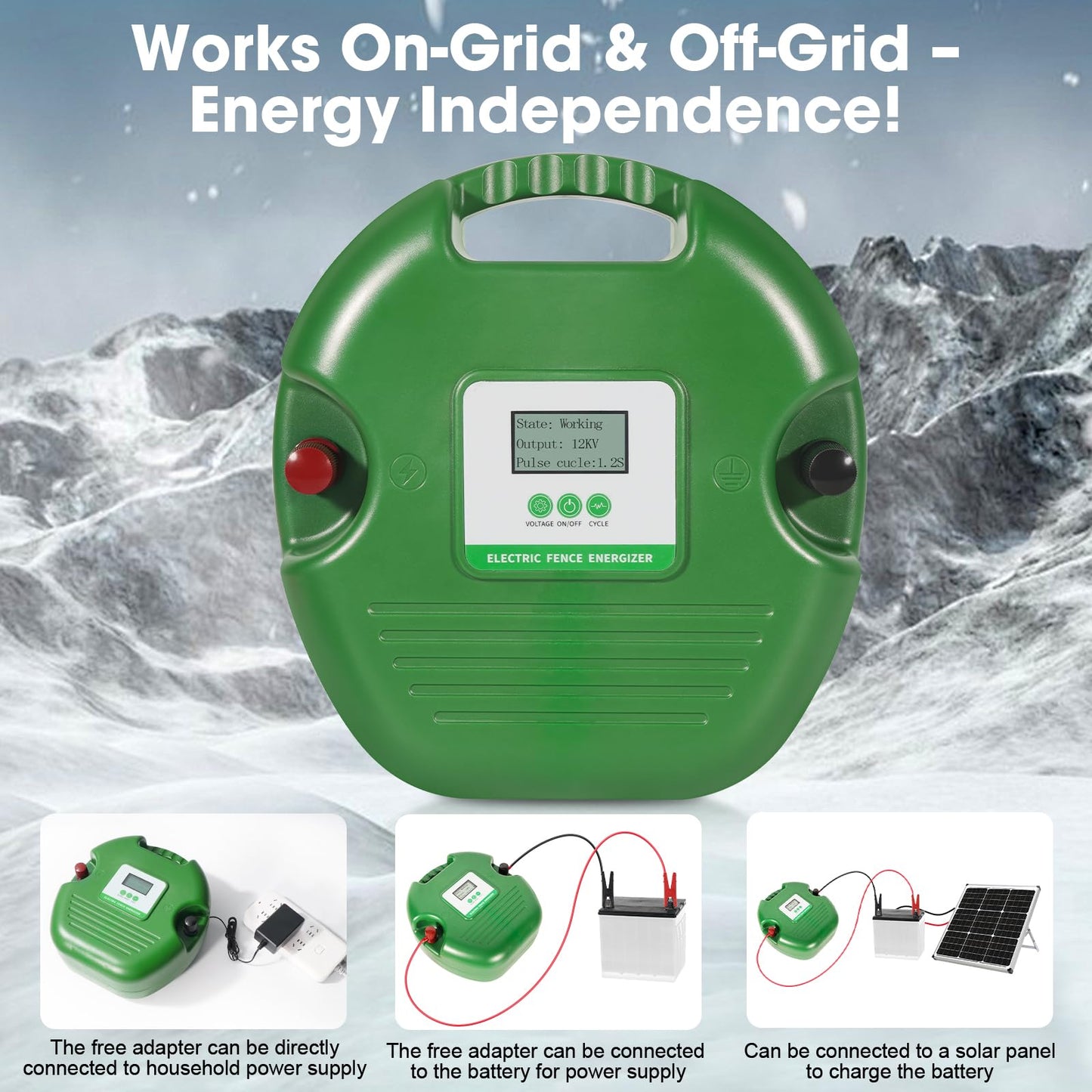 Electric Fence Charger for Livestock – 15-Joule Electric Fence Energizer， Adjustable 8/10/12kV Output, Weatherproof Fence Charger, Covers 25 Miles/600 Acres