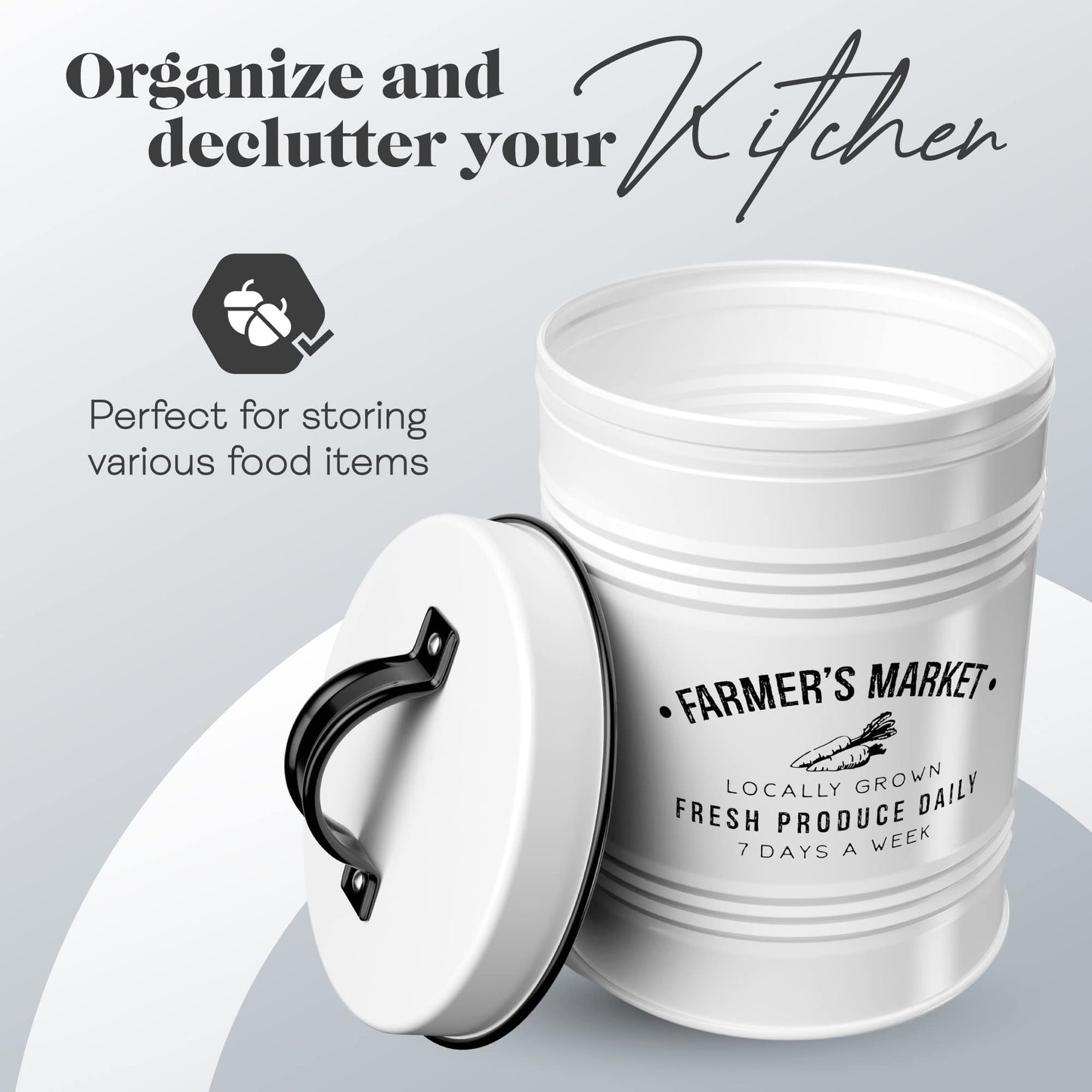 Amici Home Farmers Market Metal Canister | Dry Food Storage Container | Airtight Lid | 76 Ounce Capacity | Farmhouse Décor | Metal Canister for Kitchen Countertop