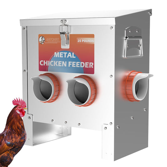 HAYOHRT Automatic Chicken Feeder No Waste 25 Pounds 4 Ports Metal Poultry Feeder with Latch & Handle for Chickens Bantams Pheasants Poultry Coop Weatherproof