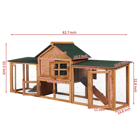 PeakPursuit 80in Wooden Rabbit Hutch, Outdoor Chicken Coop, Bunny Hutch Guinea Pig Pet House Bunny Cage with Double Side Runs, Weatherproof Roof, Removable Tray, Ramps for Small Animals
