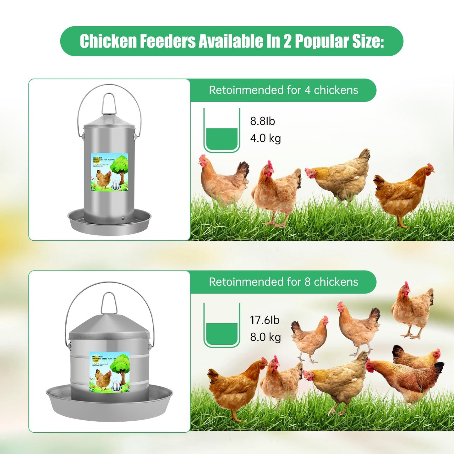 Automatic Chicken Feeder 4KG/8.8lbs, Heavy Duty Stainless Steel Reliable Long-Lasting Poultry Feeder with Handle, High Strength Structure 0.035 Inch/0.9mm Metal Thickness