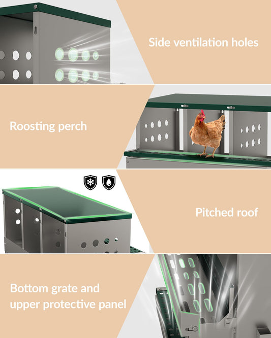 Hipicute Metal Chicken Nesting Box for Laying Eggs, Rustproof Wall-mountable Roll Away Chicken Laying Boxes for Hens, Waterproof, Ventilated with Perch, 10 Compartments, Green