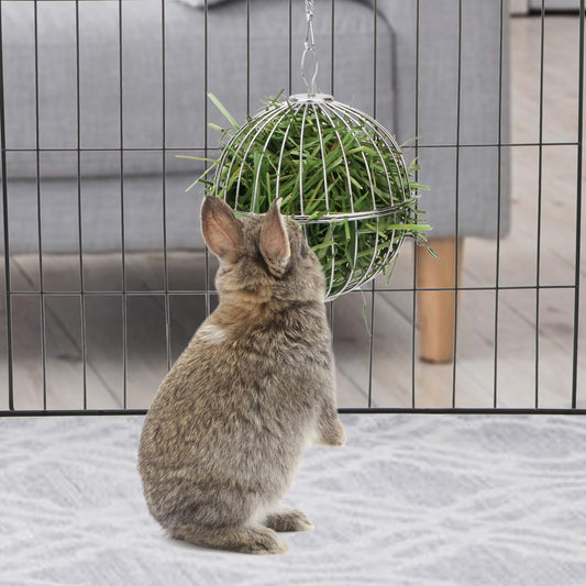 Rabbit Hay Ball Stainless Steel Hanging Feed Dispenser for Bunny Hamster Guinea Pig Rat Chinchilla (A: 5.11inch, Silver)
