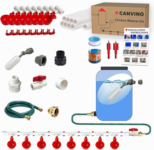 Automatic Chicken Waterer System (45 Accessories Included), Complete PVC Pipelines Set with Chicken Water Cups, Float Valve and Garden Hose, DIY Chicken Watering System (No Bucket Included)