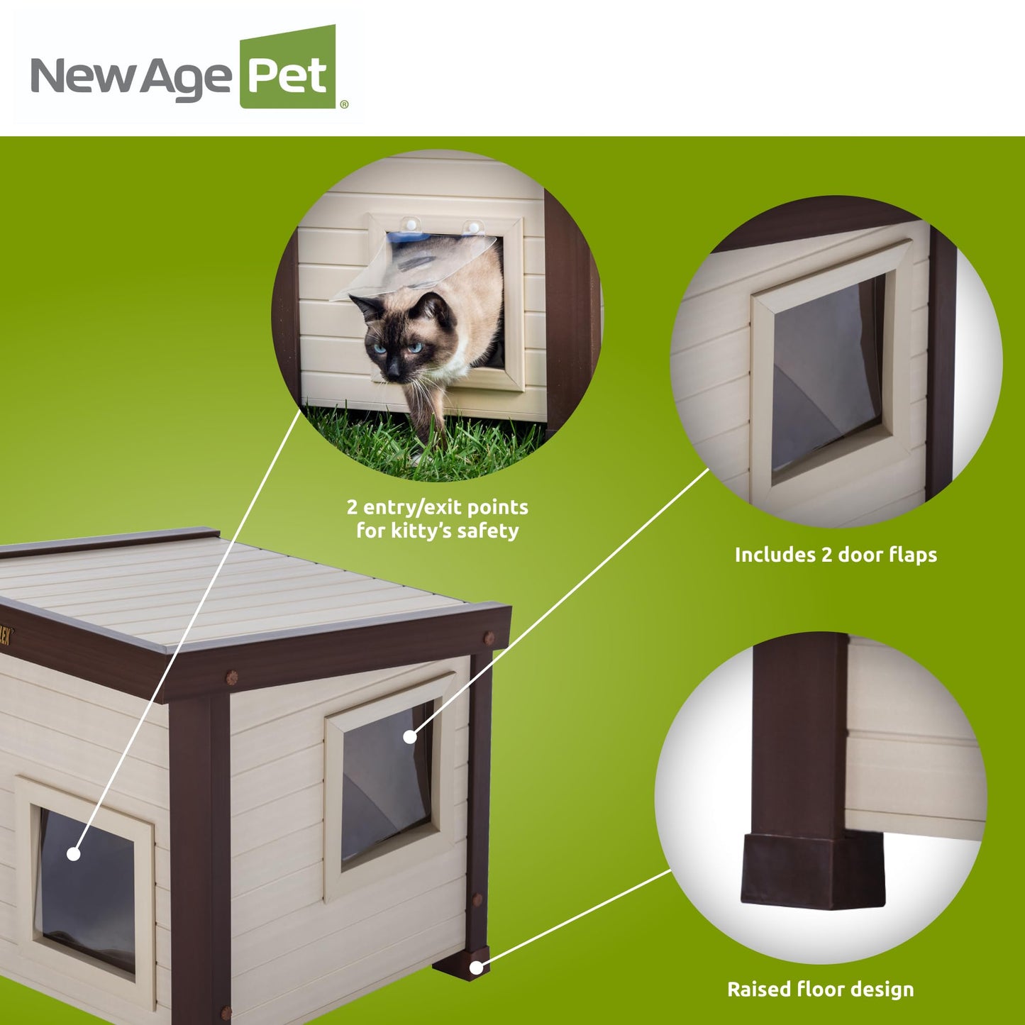 New Age Pet ECOFLEX Outdoor Cat House - Durable, Ventilated, Dual Entry, Easy Assembly, Elevated Floor, Heated Pad Compatible, 10-Year Warranty, for Multiple Cats, Maple/Brown