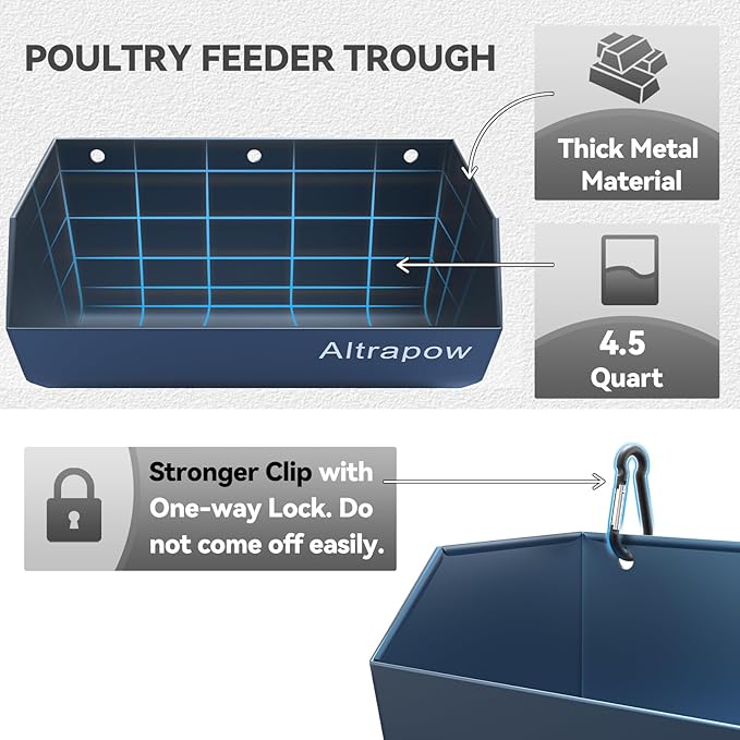 4.5 Quart Hanging Goat Feeder [Material of Metal] with Clips and Nylon Tie Wraps, Fence Feeder [Sturdy and Durable] for Goat, Pig and Dog, Blue, 2 Pack