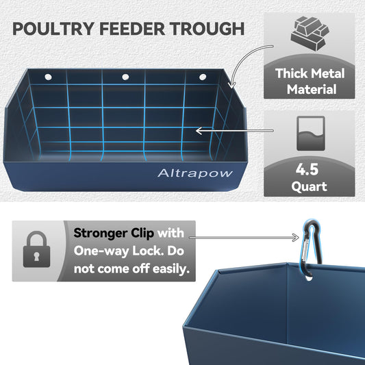 Altrapow 4.5 Quart Hanging Goat Feeder [Material of Metal] with Clips and Nylon Tie Wraps, Fence Feeder [Sturdy and Durable] for Goat, Pig and Dog, Blue, 2 Pack