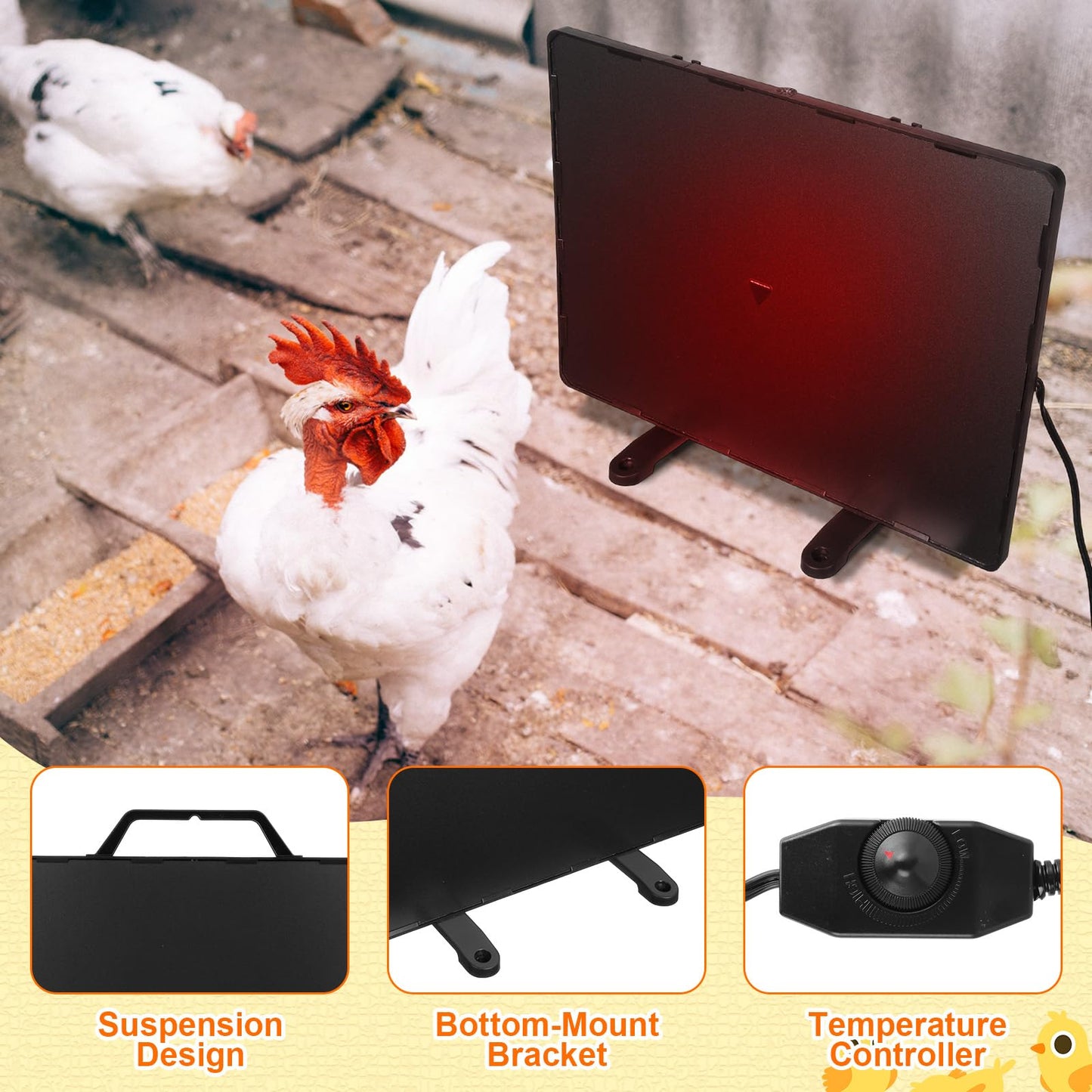 VIHOSE 2 Pcs Chicken Heater Set 1 PC Adjustable Chicken Coop Heater 77℉ to 200℉ 1 PC Stainless Steel Poultry Waterer Heated Base Radiant Heat House Heater