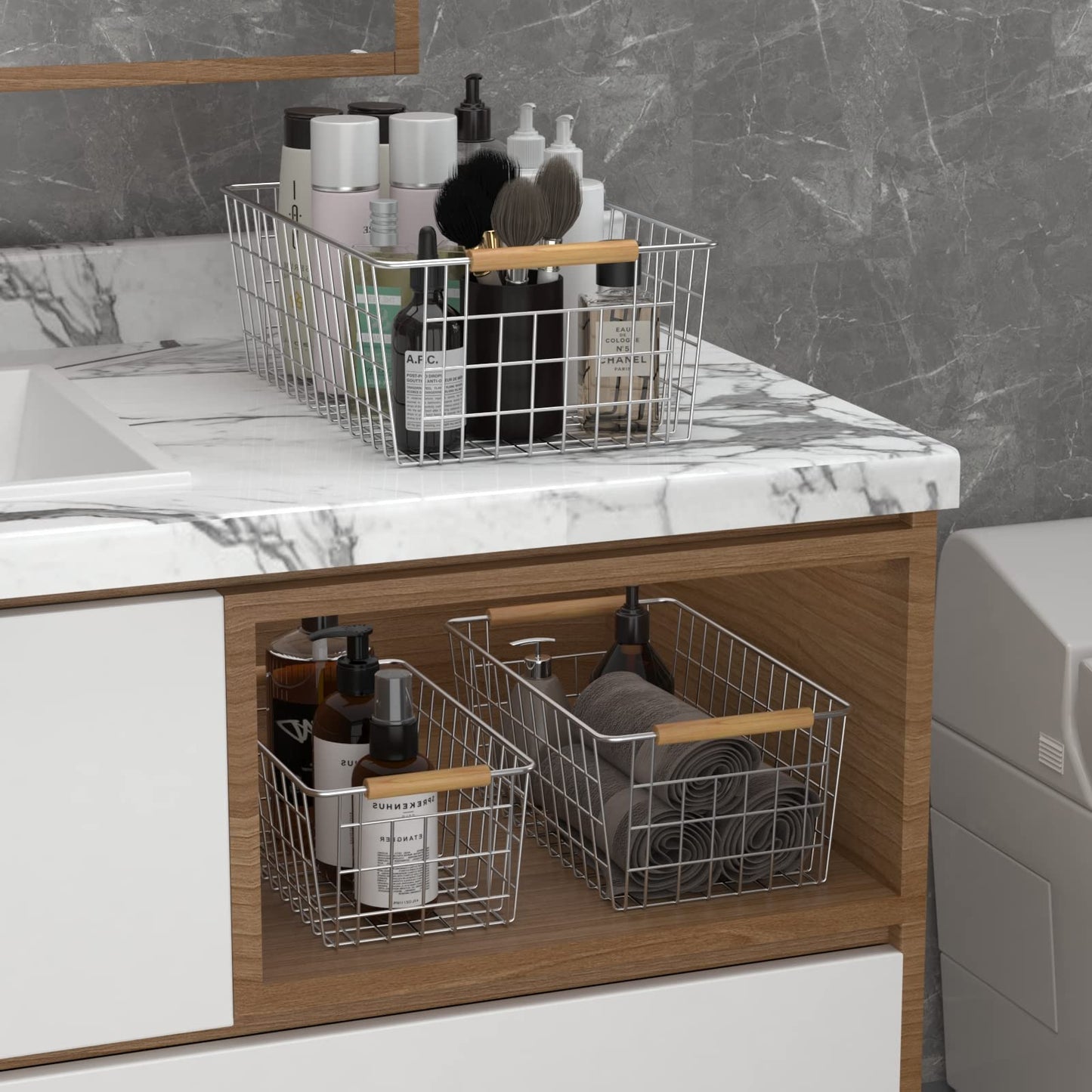 YOUVIP 3 Pack Wire Storage Baskets for Organizing,Household Pantry Storage Freezer Baskets with Wooden Handles,Metal Storage Baskets for Bathroom, Laundry, Garage，Sliver