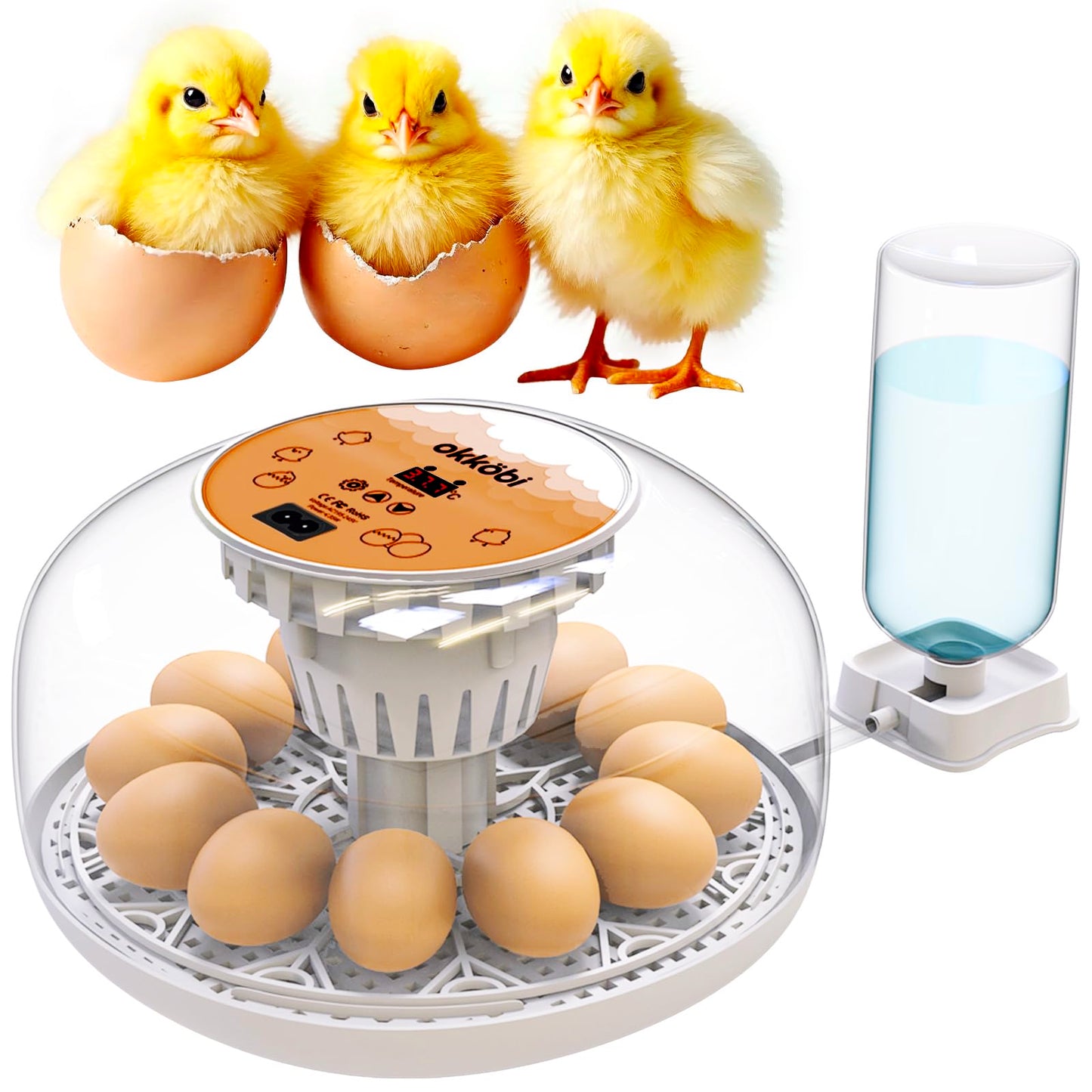 Okkobi M12 Egg Incubator with Automatic Turner and Humidity Control - 12/24 Eggs, 360° View, Easy to Use and Clean - Incubadora de Huevos de Gallina - Made for US - White & Orange