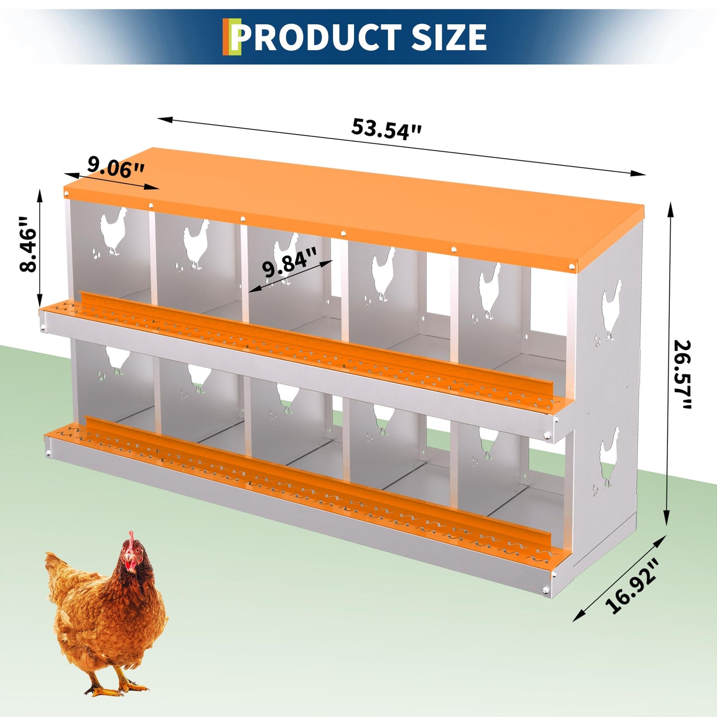 Chicken Nesting Box, 10 Compartment Galvanized Steel Chicken Laying Boxes, Nesting Boxes for Chickens, Easy Egg Collection for Chicken Coop, Backyard, Farms, Orange