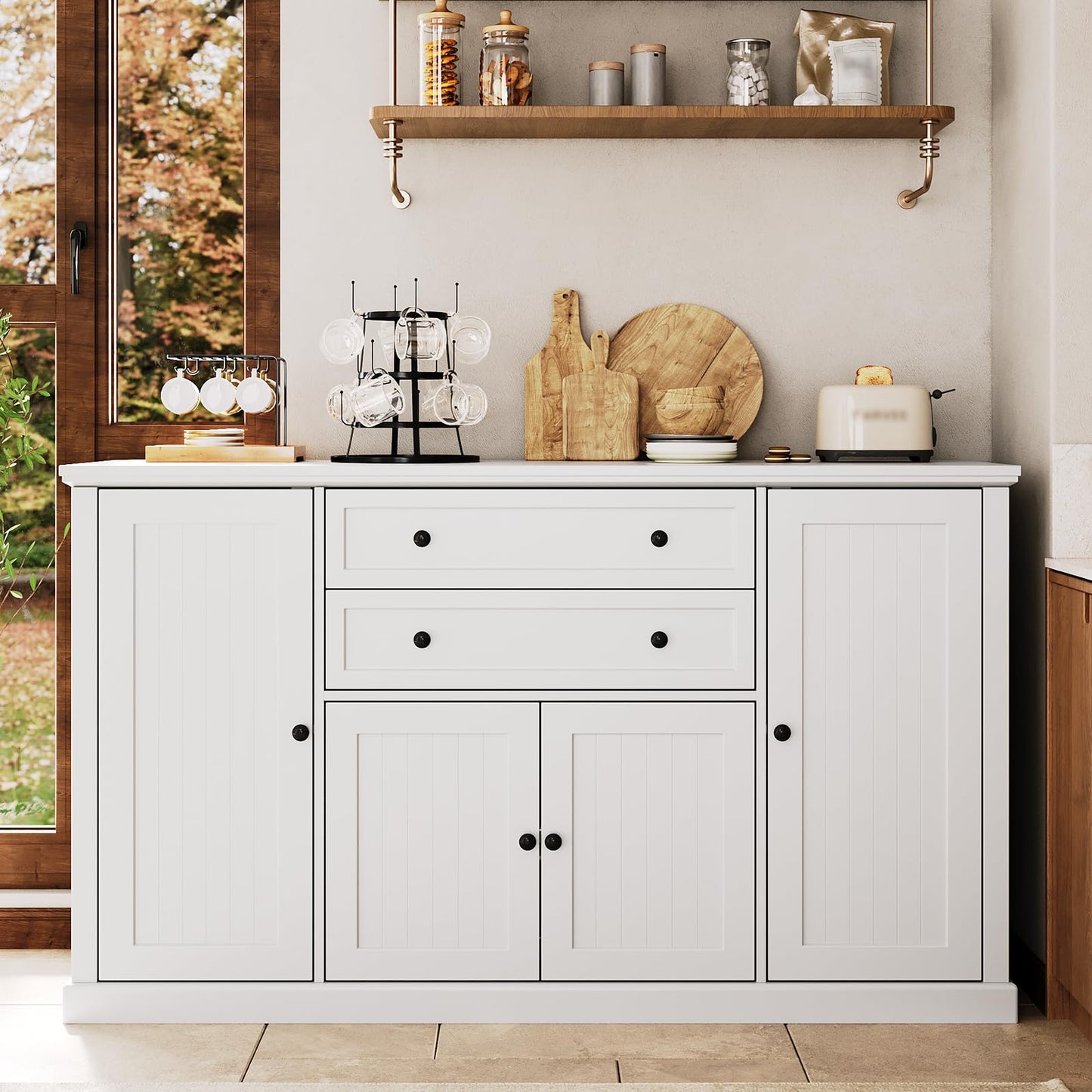 Farmhouse 58" Sideboard Buffet Cabinet with Storage, Sideboard Cabinet with 2 Drawers and 4 Grooved Barn Doors, Wood Coffee Bar Buffet Table for Kitchen, Dining Room- White