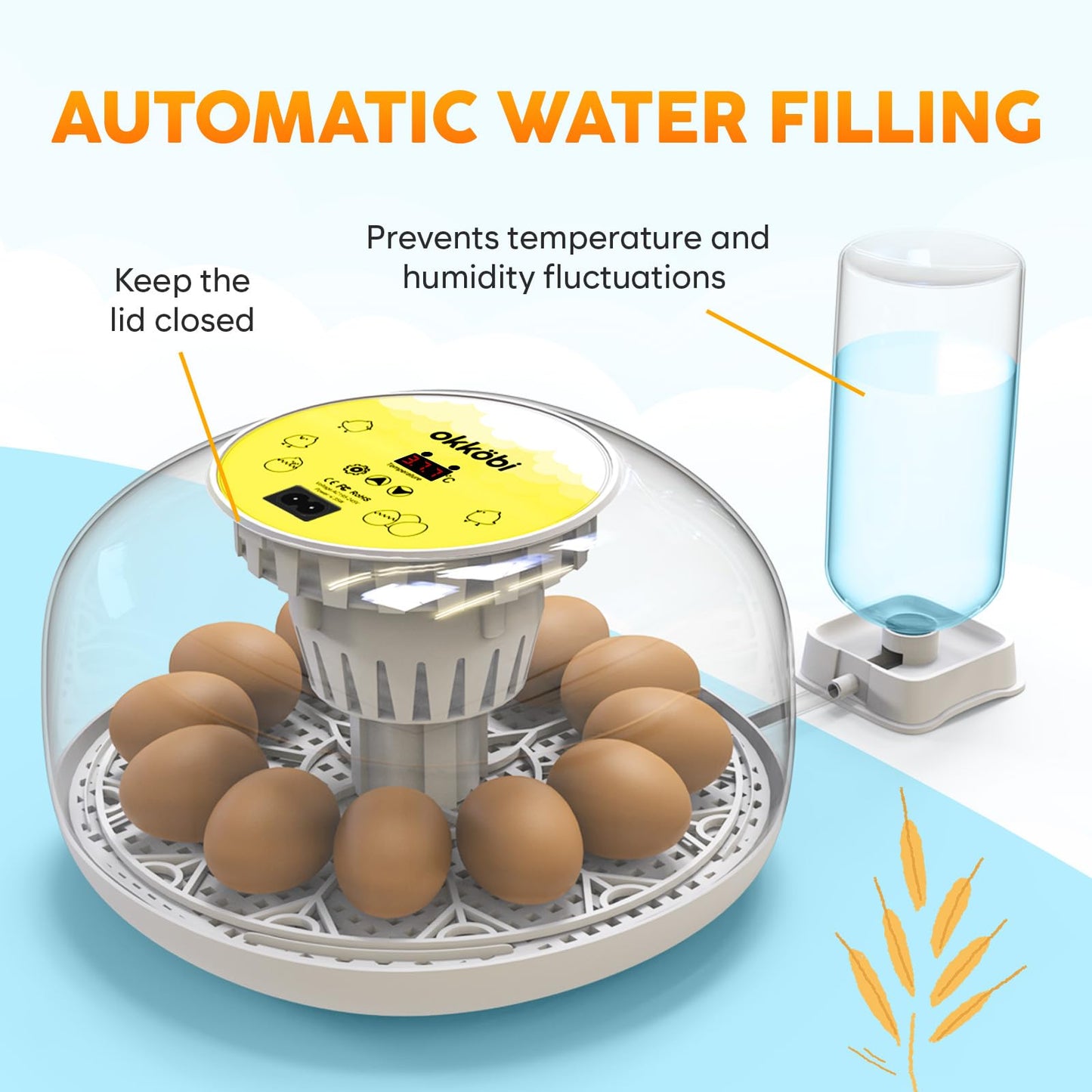 Okkobi M12 Egg Incubator with Automatic Turner and Humidity Control - 12/24 Eggs, 360° View, Easy to Use and Clean - Incubadora de Huevos de Gallina - Incubators for Hatching - White & Yellow