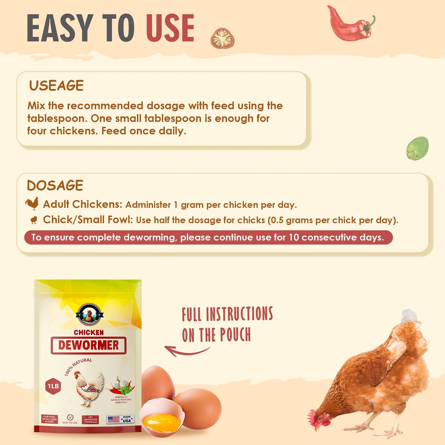 CanineGluca Chicken Dewormer Powder, All-Natural Health Formula, 1LB Pouch, US-Made,Safe for Eggs, Effective for All Ages & Sizes, Chicken Wormer, Prevents and Relieves Worm, Poultry Medicine Supplies