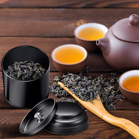 Meanplan 12 Pcs Tea Tin Canister with Airtight Double Lids 8 oz Round Tin Can Box Small Kitchen Tea Canister Loose Leaf Storage Containers for Loose Bags Coffee Sugar Candy Spices(Black)