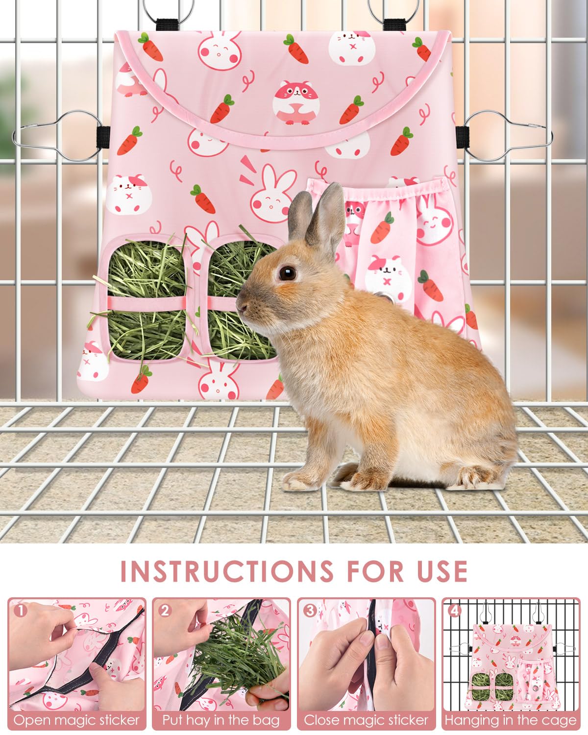 Bissap 2PCS Rabbit Hay Feeder Bag, 2 Holes Hanging Hay Feeder Guinea Pig Hay Bag for Rabbits Bunny Chinchillas Hamsters Rats and Other Small Pets Small Animal - Pink & Beige