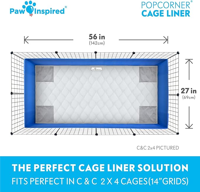 Paw Inspired PopCorner Guinea Pig Cage Liners | Washable Fleece Bedding or Pet Bed Mat for Small Animals | Super Absorbent Pee Pad with Reinforced Corners and Waterproof Bottom (C&C 2x4, Light Gray)