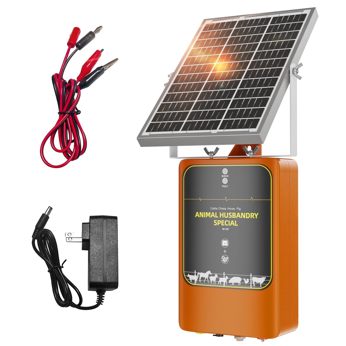10-Mile Livestock Electric Fence, 12W Solar Panel Fast Charging,24-Hour uninterrupted Discharge to Drive Away Wild Animals, Built-in Large-Capacity Battery, can Last for X Hours (Orange Color)