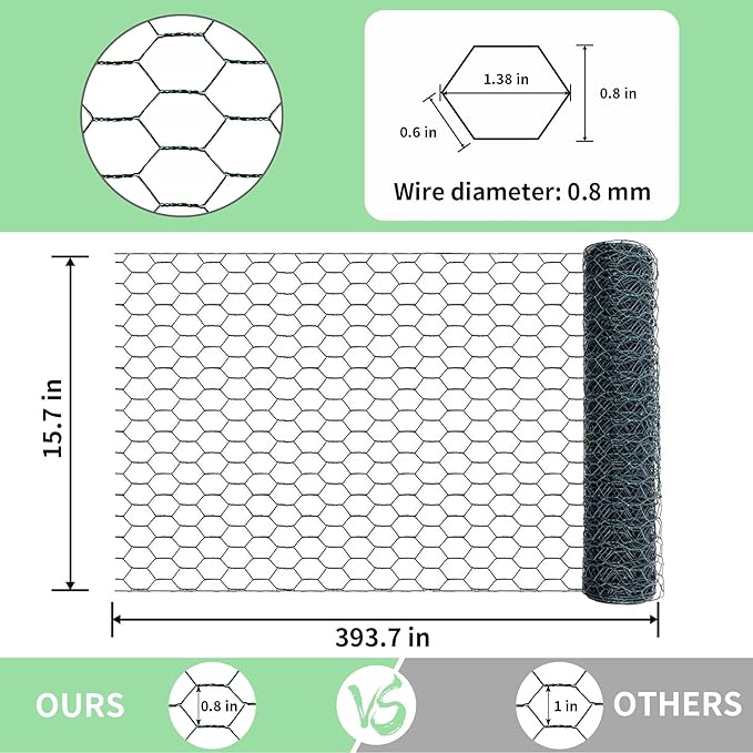 Chicken Wire 15.7 in x 393.7 in Poultry Wire Netting Hexagonal Galvanized Mesh Garden Fence Barrier for Pet Rabbit Chicken Fencing with 100 Pcs Cable Zip Ties(PVC-Coated)