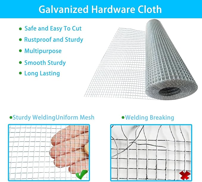 Galvanized Welded Wire Mesh Roll, 16in x 35ft, 1/4 Inch 23 Gauge Hardware Cloth - Garden Fencing for Rabbits, Chickens, Snakes, Gophers, Raccoons & Small Critters - Cage, Enclosure, Pest Barrier