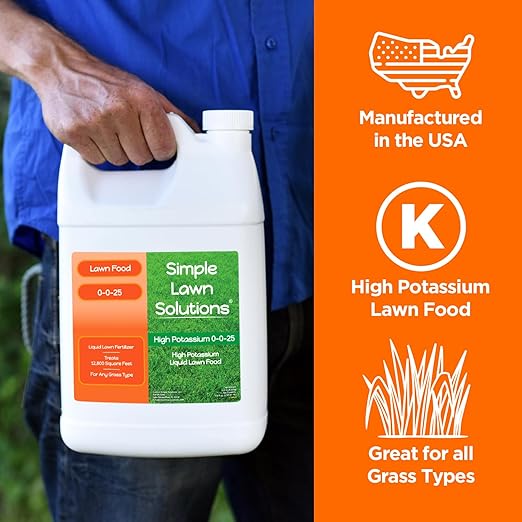 Simple Lawn Solutions - High Potassium Lawn Food Liquid Fertilizer 0-0-25 - Concentrated Spray - Turf Grass Vigor and Plant Hardiness - Summer and Fall - Any Grass Type (1 Gallon)