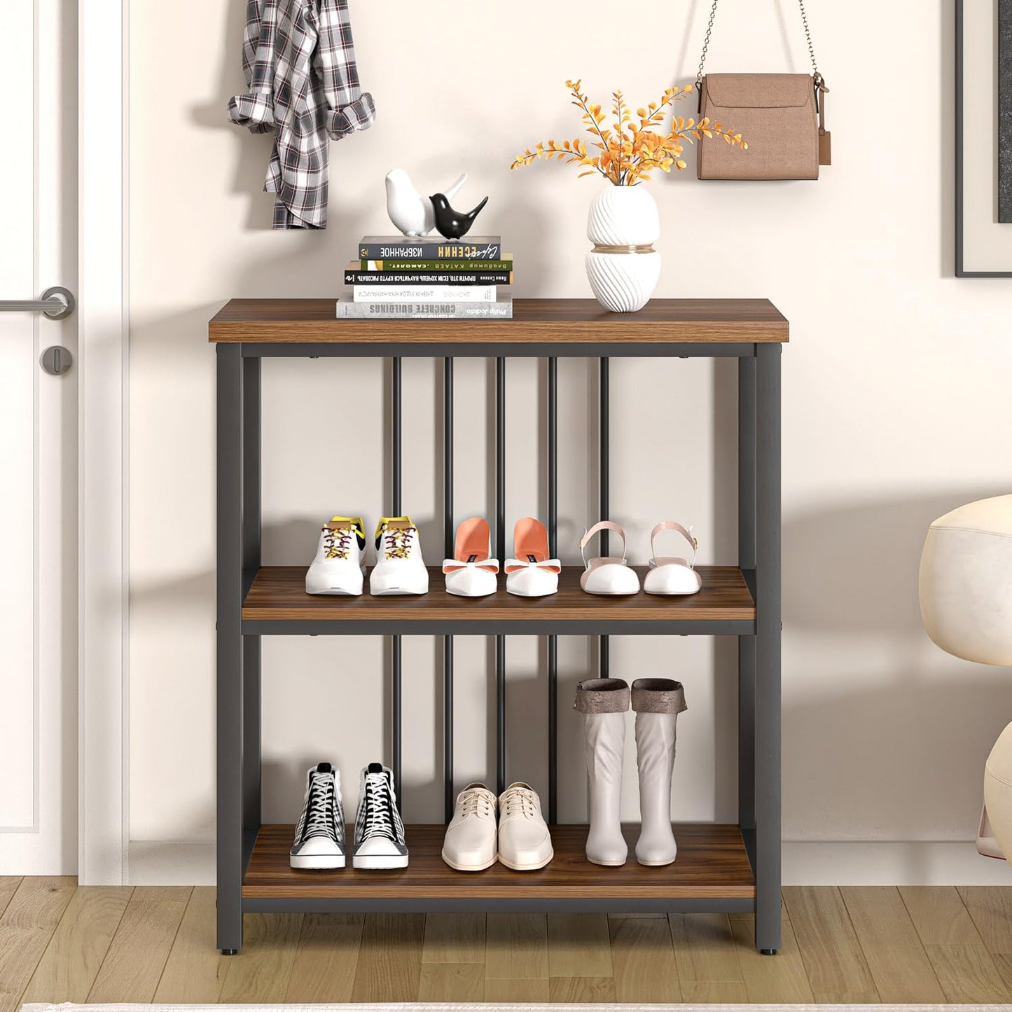 FOLUBAN Bookshelf, Small Modern 3 Tier Bookcase, Wood and Metal Standing Storage Book Shelves for Living Room, Office, Bedroom (Rustic Walnut)