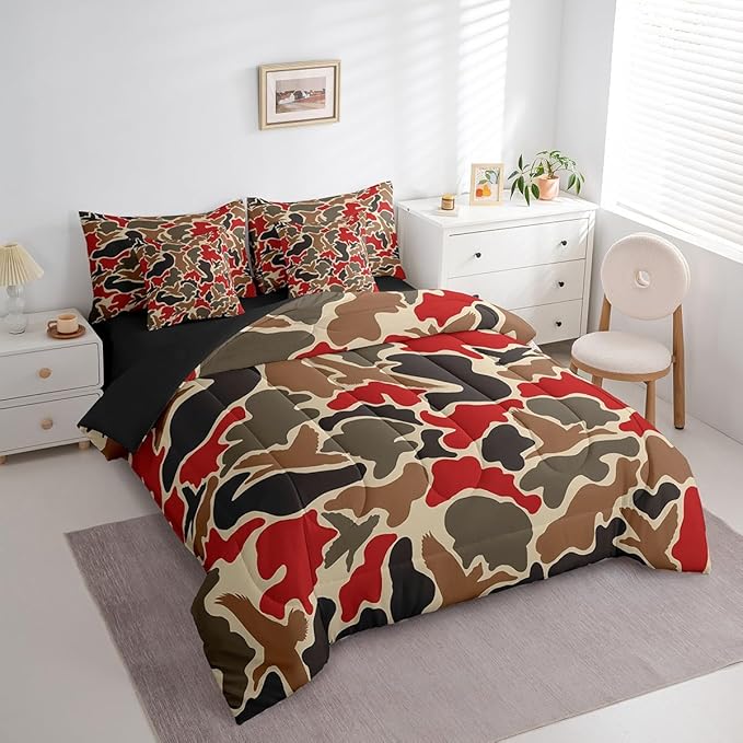 Feelyou Duck Hunter Red Camouflage Hunting 7 Pieces Bedding Set, Twin Size Black Brown All Season,Bed in a Bag with Comforter, Sheets, Pillowcases for Boys Camo Army Bed Set Breathable Wild Room Decor