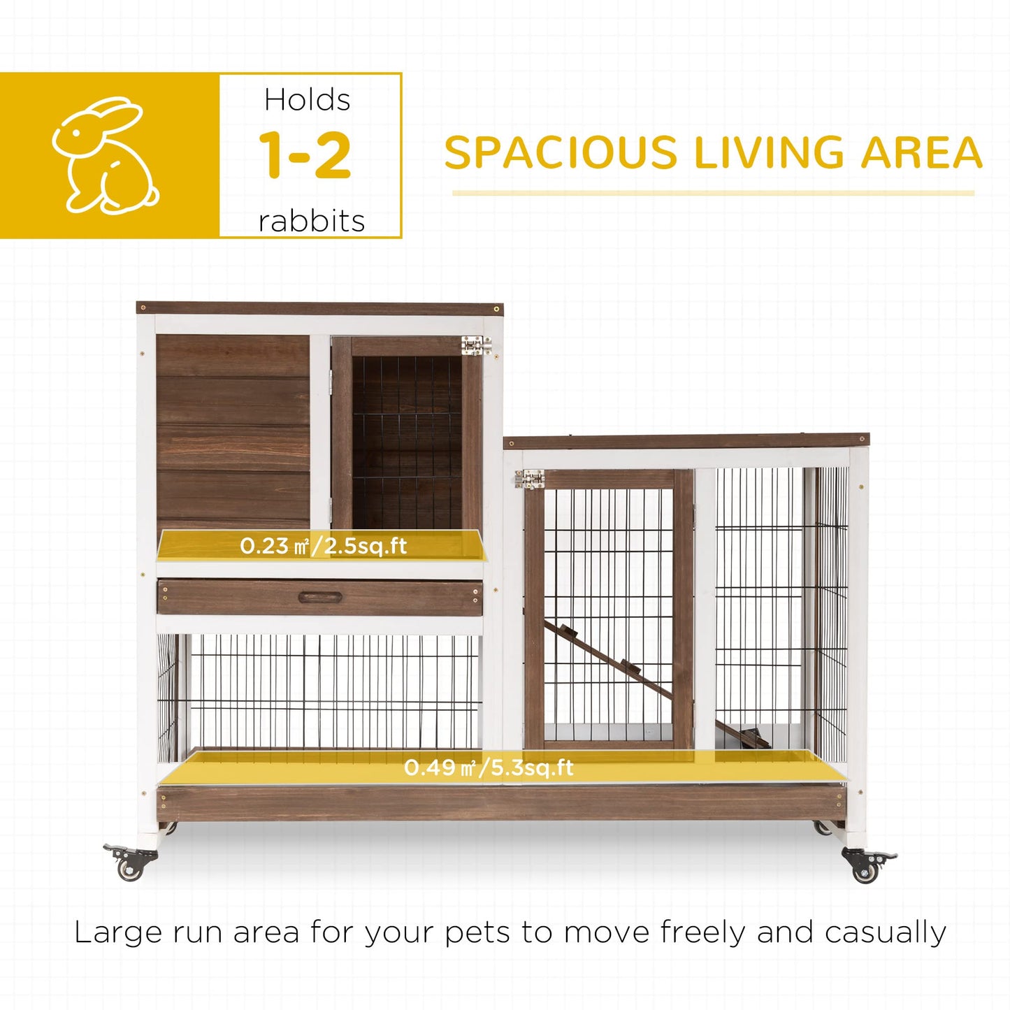 PawHut Wooden Rabbit Hutch Elevated Bunny Cage Indoor Small Animal Habitat with Enclosed Run with Wheels, Ramp, Removable Tray Ideal for Guinea Pigs, Brown