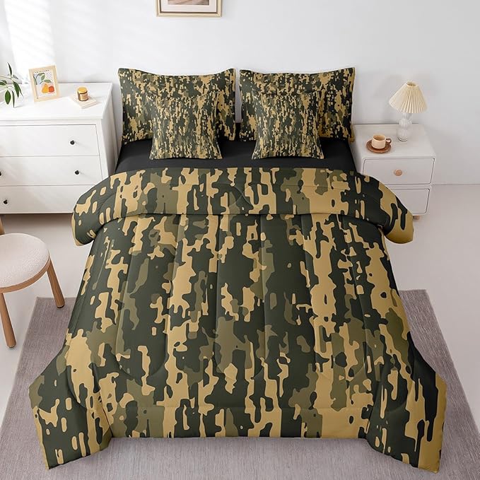 Feelyou Camouflage Print Bed Set Boys Girls Queen Size Camo 7 Pieces Bedding Set for Kids Women Men Military Style Bed Set Includes Comforter, Sheet Set, Pillowcases Army Camo Room Decor