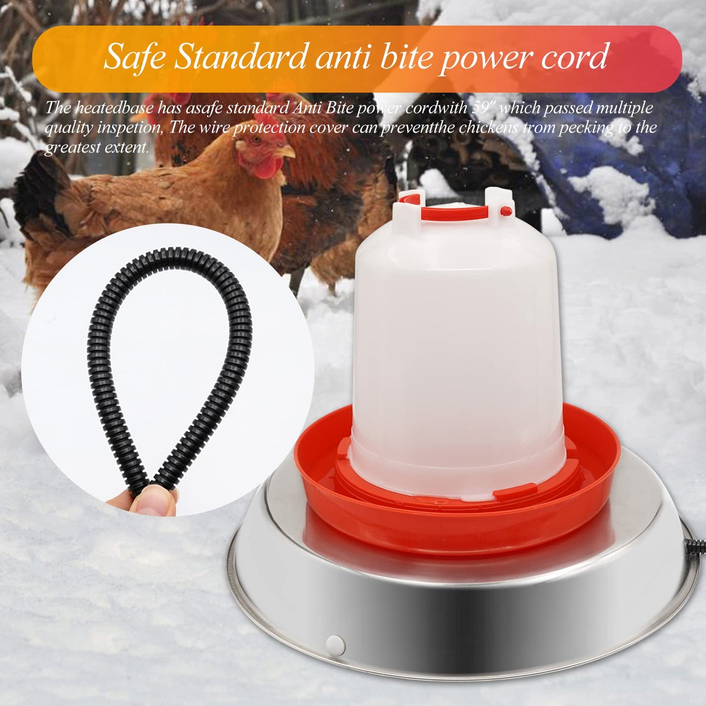 Chicken Waterer Heater,14 Inch Heated Chicken Waterer Base for Winter 5 Gallon with Anti-bite Cable for Poultry Fountains Water Bowl Plastic Metal Waterer