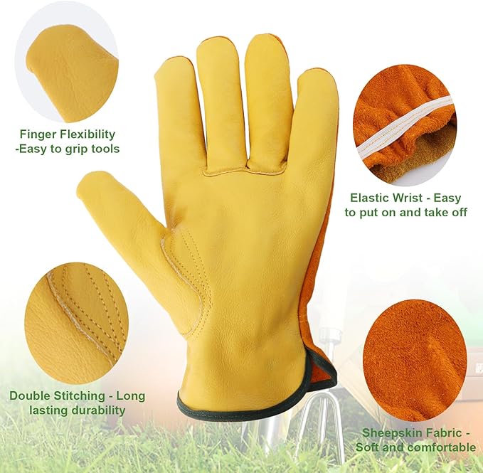 Leather Work Garden Gloves for Men & Women，Safety Work Gloves for Gardening, Welding, Construction, Farm, Ranch, etc. Thorn Proof , Planting,Heavy Duty，Roses Pruning Gardening Working Gloves, Gifts L