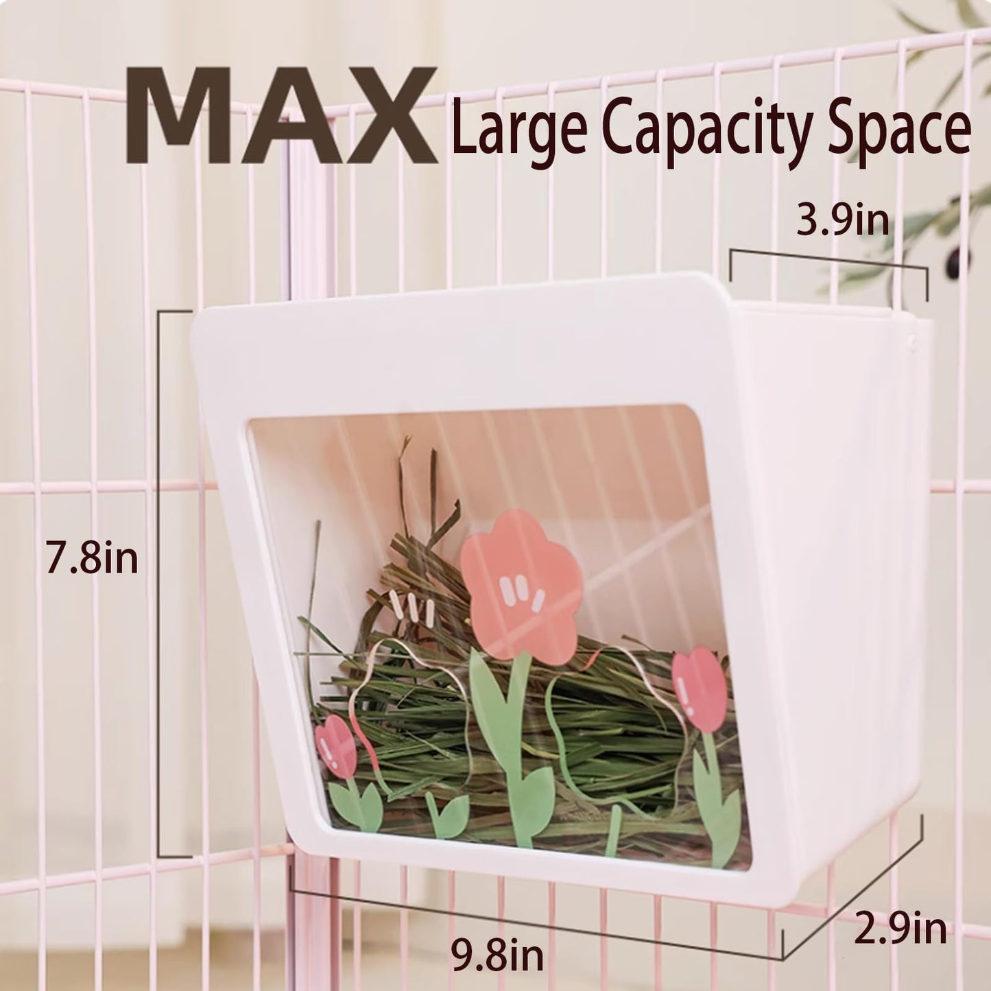 Hanging Rabbit Hay Feeder with Lid - No Waste Slow Feed Hay Rack for Rabbits, Guinea Pigs & Small Pets - Sturdy White Design, Easy to Fill & Clean, Cage Mounted Bunny Hay Holder (Flower Hole Style)