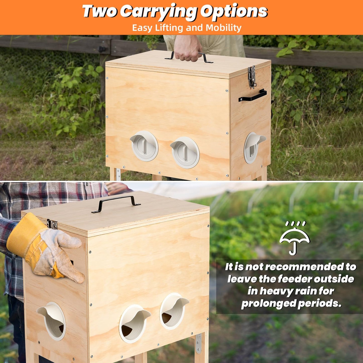 Automatic Chicken Feeder, 40 lb Capacity 6 Port Wooden Chicken Feeders with Locking Lid & Handle for Chickens, Geese, Ducks, Turkeys, Quails