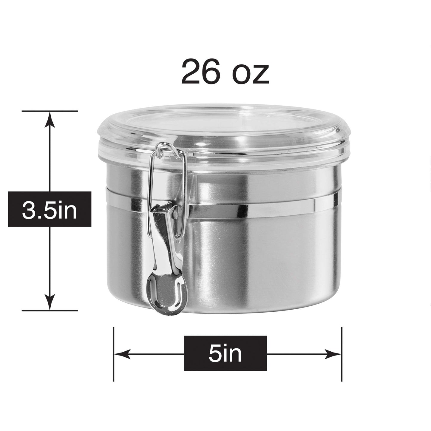 OGGI Stainless Steel Kitchen Canister 26 fl oz - Airtight Clamp Lid, Clear See-Thru Top - Ideal for Kitchen Storage, Food Storage, Pantry Storage. Size 5" x 3.5".