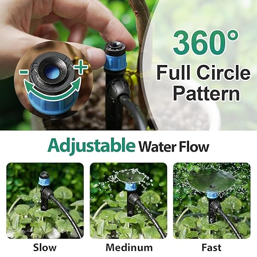 RedChili 50 Pieces Drip Emitters for 1/4" Drip Irrigation Tubing, Adjustable 360 Degree Vortex Drip Emitters with Stake 360° Full Circle Fan Shape Pattern Garden Irrigation Micro Drippers
