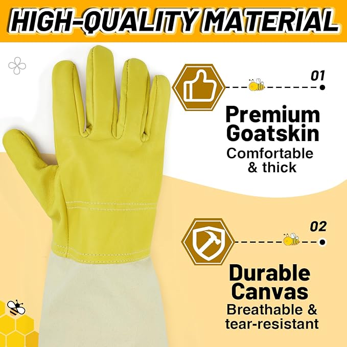ANPHSIN 2 pairs Long Goatskin Beekeeping Gloves for Beekeepers - Protected Leather Gloves, Beekeeping Supplies, White/Yellow