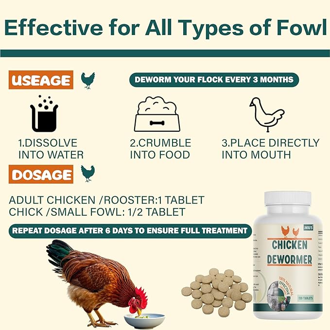 Jmxu's Chicken Dewormer, All Natural Formula Poultry Dewormer, Safeguard Chicken Medicine for Laying Hens, Chicks, Roosters, Turkeys to Relieve and Prevent Worms, 120 Tablets