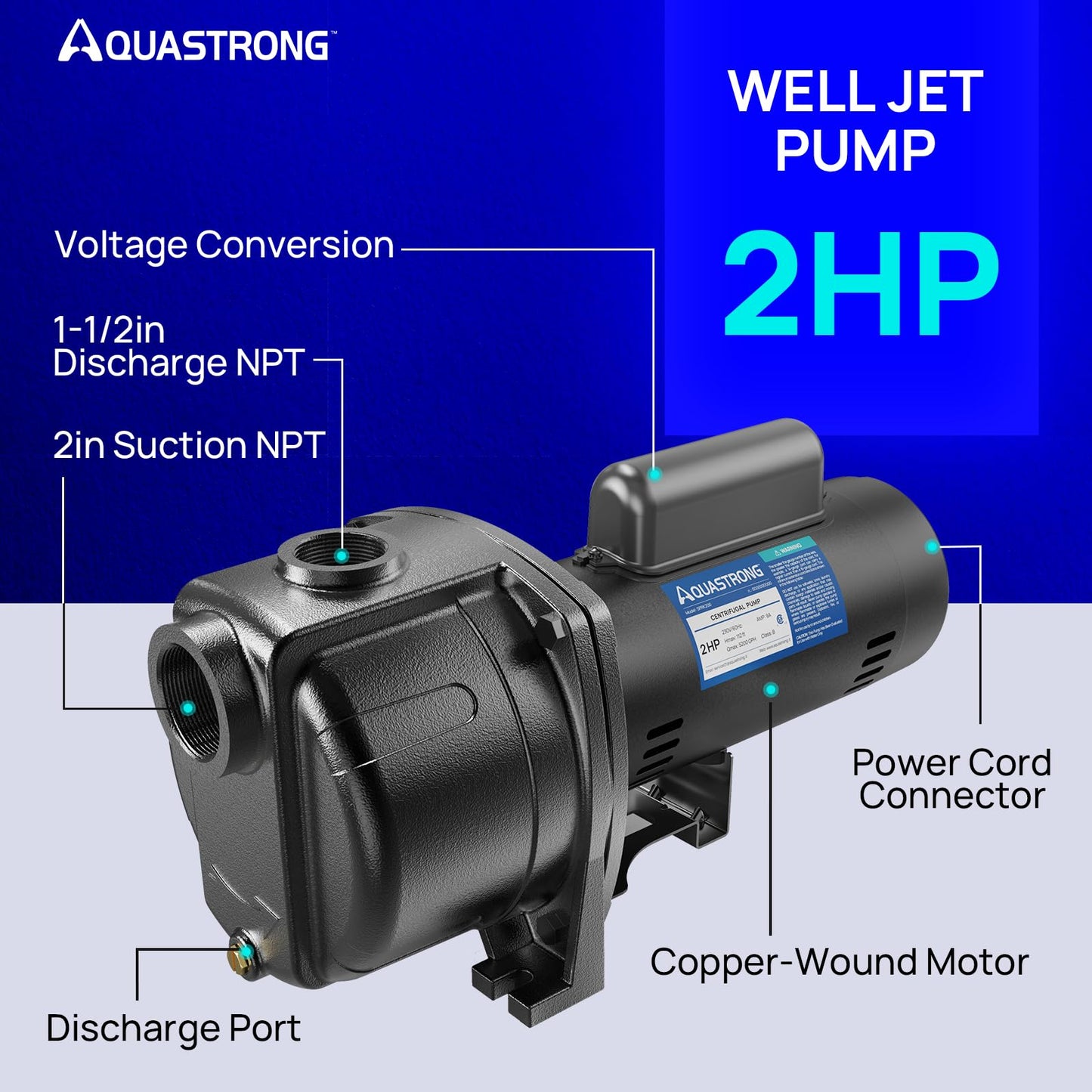 AQUASTRONG 2 HP Shallow Well Jet/Centrifugal Pump, 5200 GPH, 230V, Durable Cast Iron Booster Pump for Lawn Sprinkler, Garden Irrigation