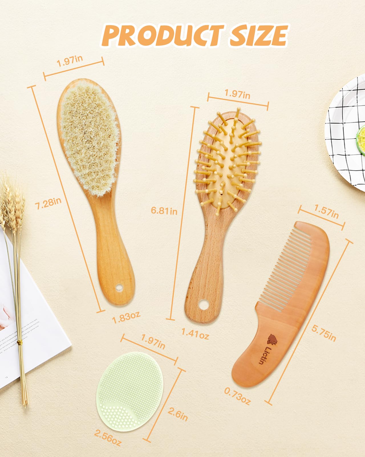 Lictin Baby Hair Brush and Comb Set, 4 Pcs Newborn Hair Brush with Soft Bristle, Natural Goat Hair and Wood Baby Cradle Cap Comb for Newborns & Toddlers, Newborn Baby Essentials, Perfect Registry Gift