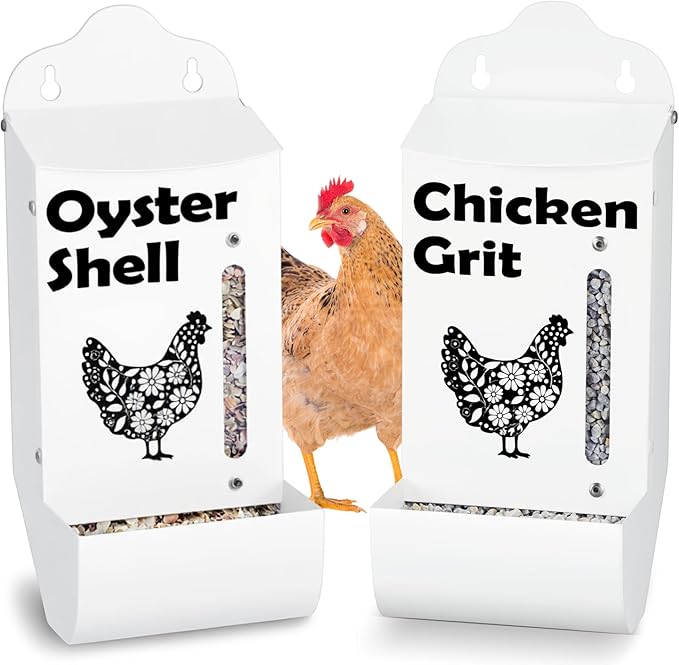 CluckRoots Oyster Shell and Grit Feeder for Chickens, Spill‑Proof Weather-Resistant Design, Sturdy Galvanized Holder for Crushed Oyster Shells and Poultry Grit Supplement, Backyard Chicken Lover Gifts