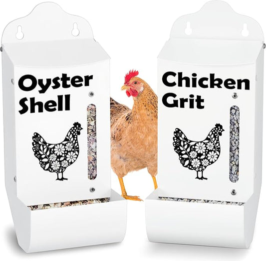 CluckRoots Oyster Shell and Grit Feeder for Chickens, Spill‑Proof Weather-Resistant Design, Sturdy Galvanized Holder for Crushed Oyster Shells and Poultry Grit Supplement, Backyard Chicken Lover Gifts